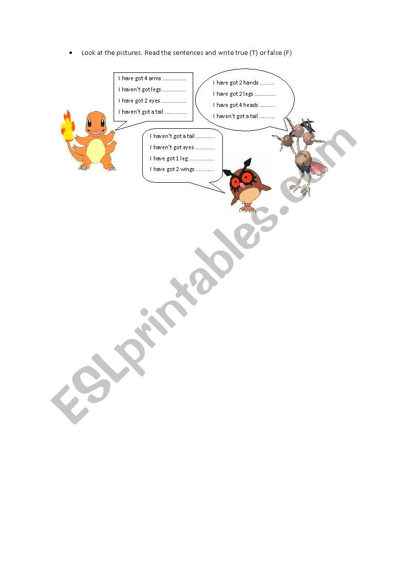 BODY PARTS WITH POKEMONS worksheet