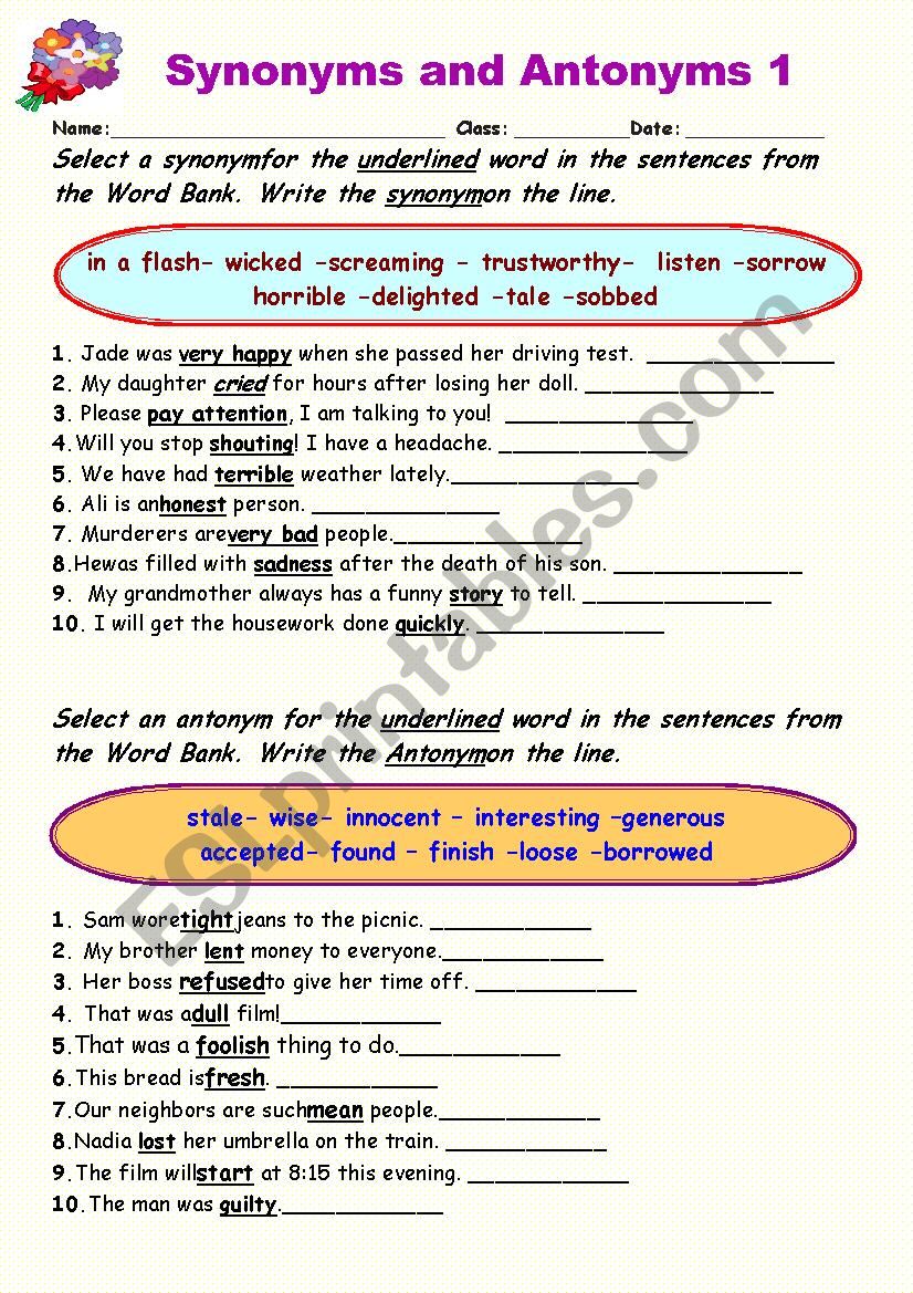 Synonyms Vs Antonyms 1 ESL Worksheet By Elle81