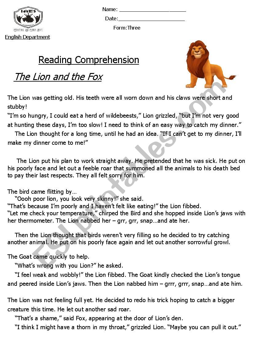 The Lion And The Mouse Fable Reading Comprehension Es - vrogue.co