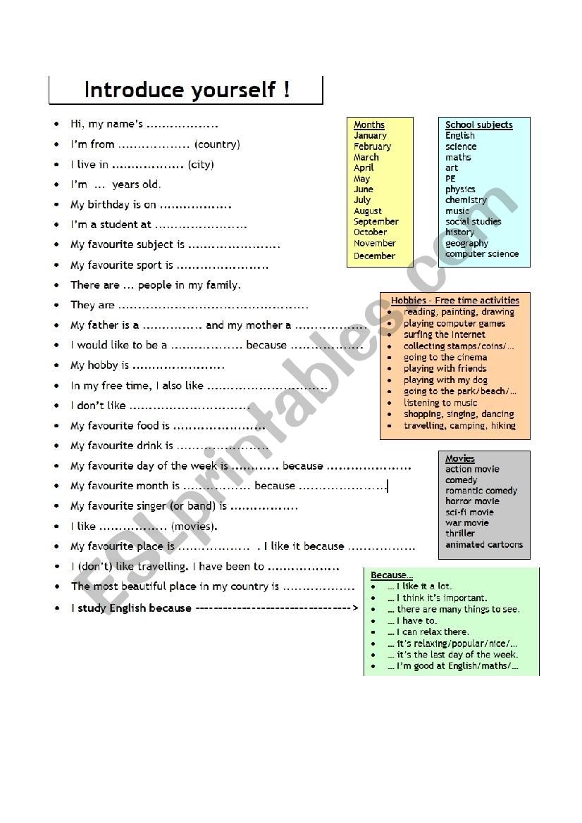 Introduce Yourself - ESL worksheet by Dacl