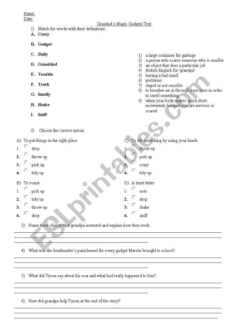 Grandad`s magic gadgets test - ESL worksheet by wally87