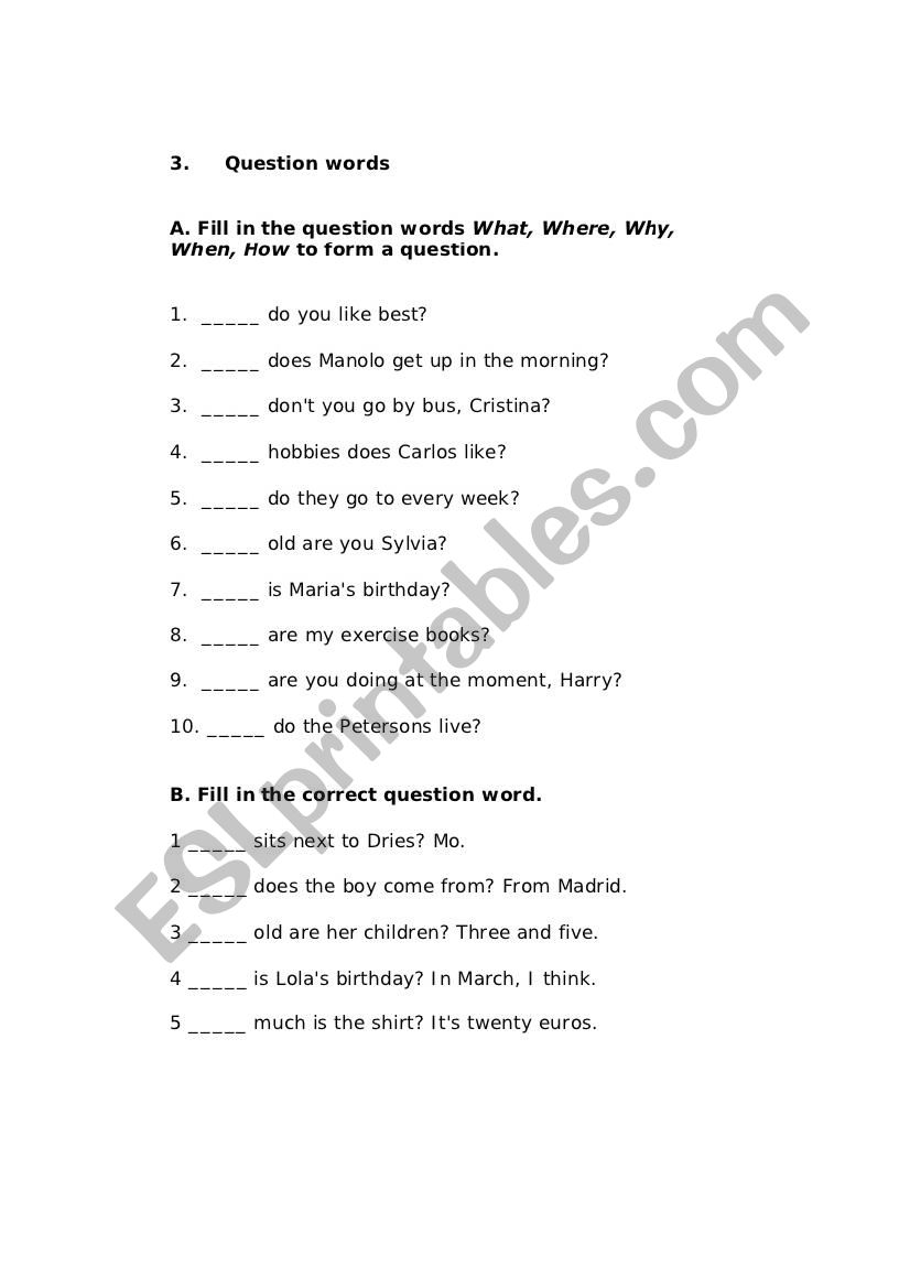 Question words worksheet