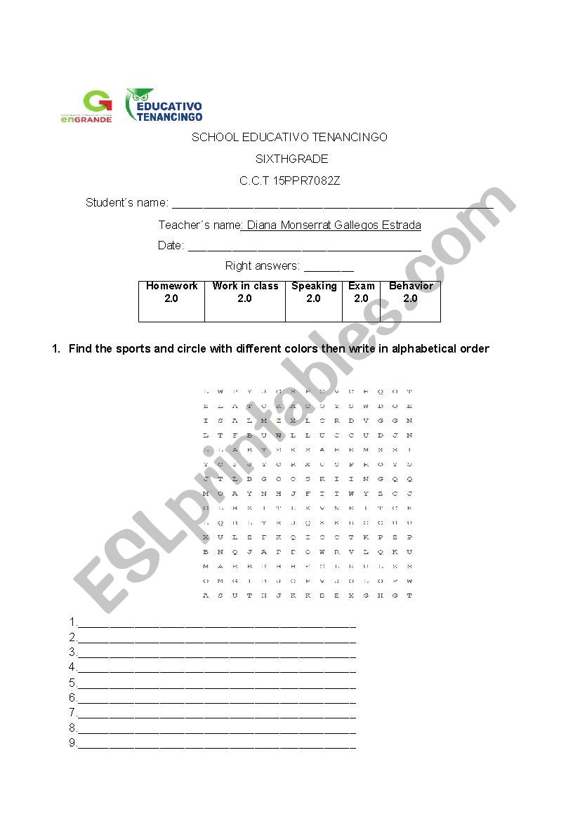 Exam worksheet