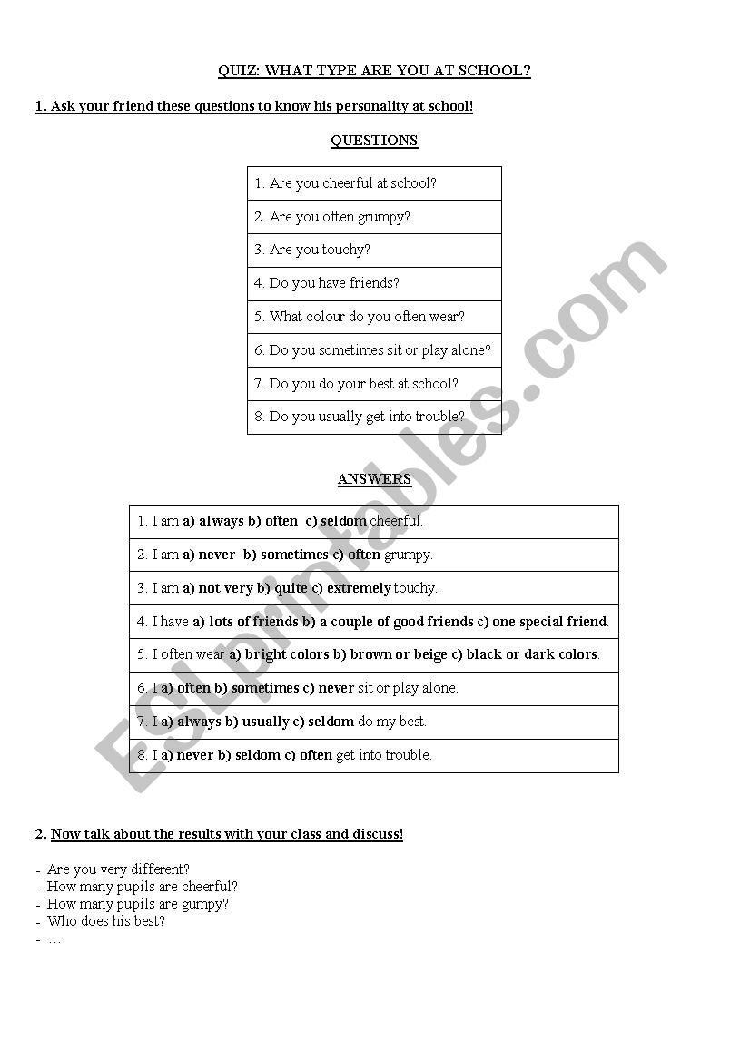 PERSONALITY QUIZ IN  MY CLASS worksheet