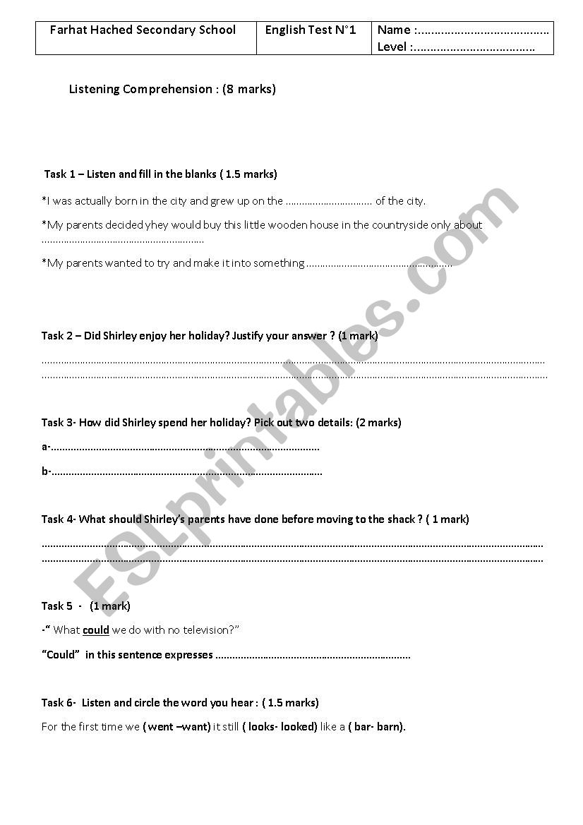 english test worksheet