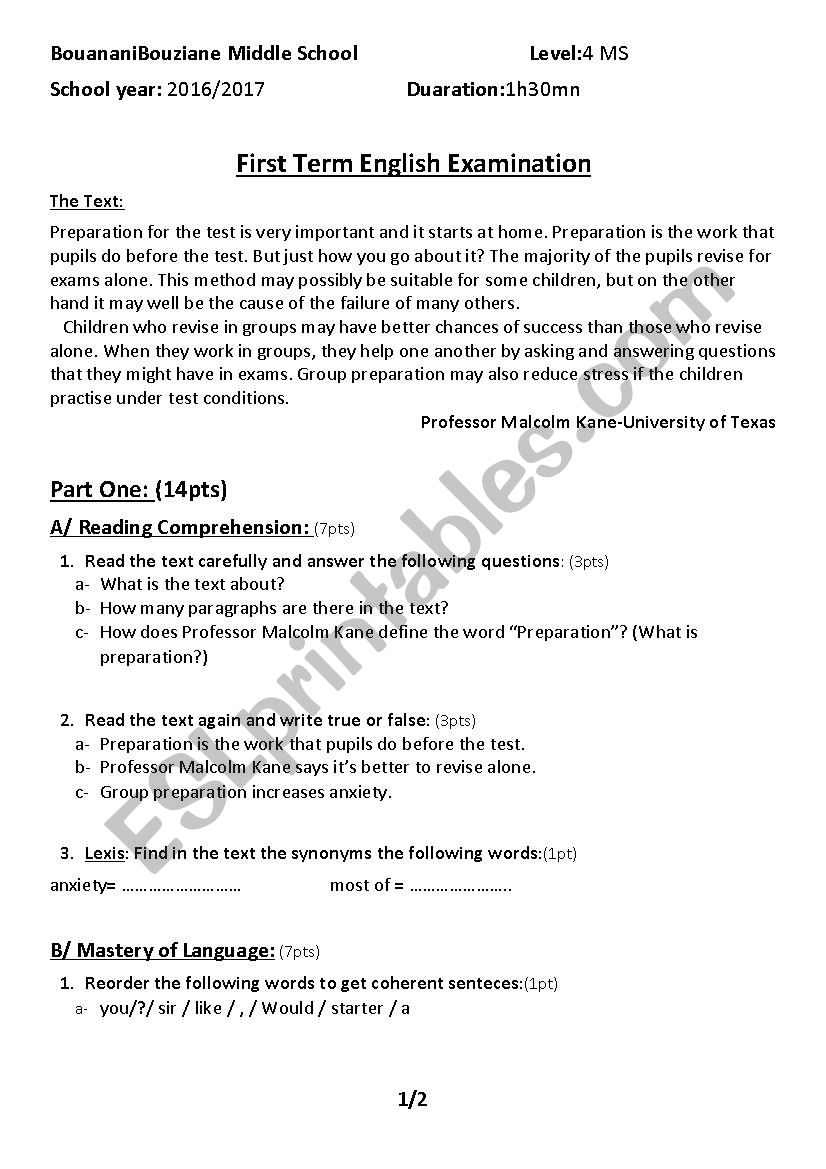 Exam preparation worksheet