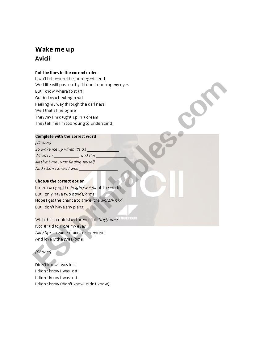 Wake me up - Avicii worksheet