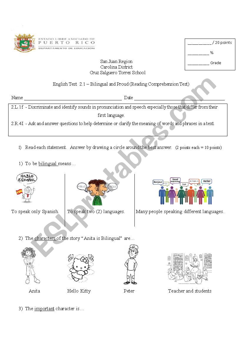 Bilingual Test (Unit 2.1) worksheet