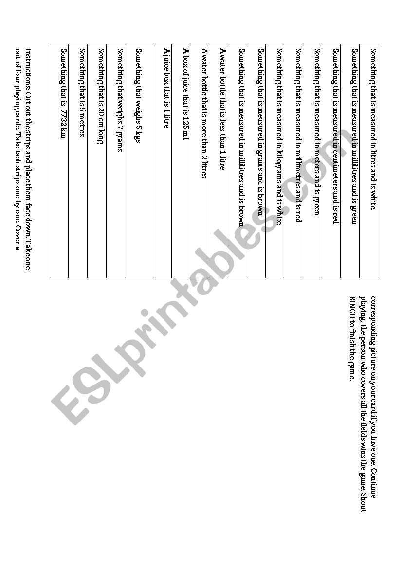 Capacity Bingo Game worksheet