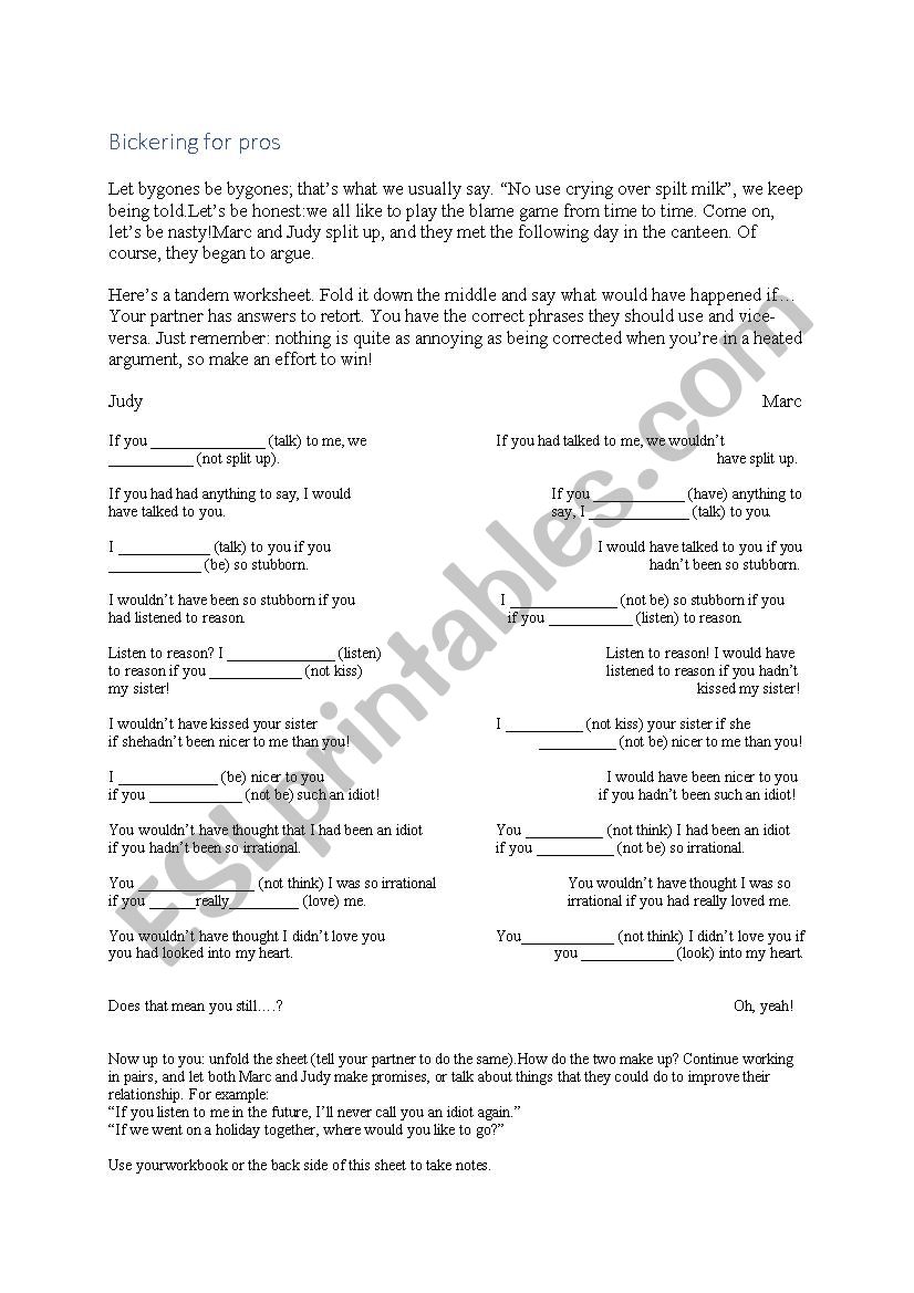 Bickering for pros worksheet (type 3 if-clauses and others)