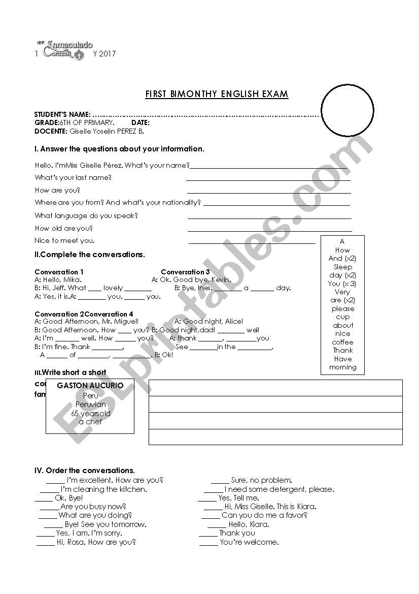 personal information  worksheet