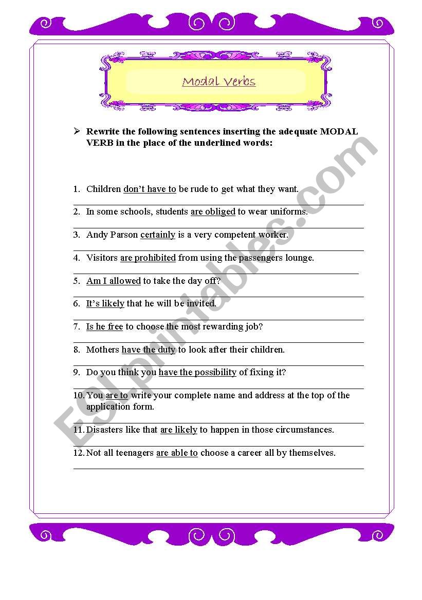 Modal Verbs exercises ESL Worksheet By Vianabay