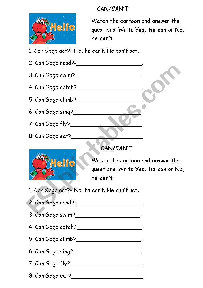 Gogo´s adventures CAN/CAN"T episode worksheet - ESL worksheet by EnglishTeacher002