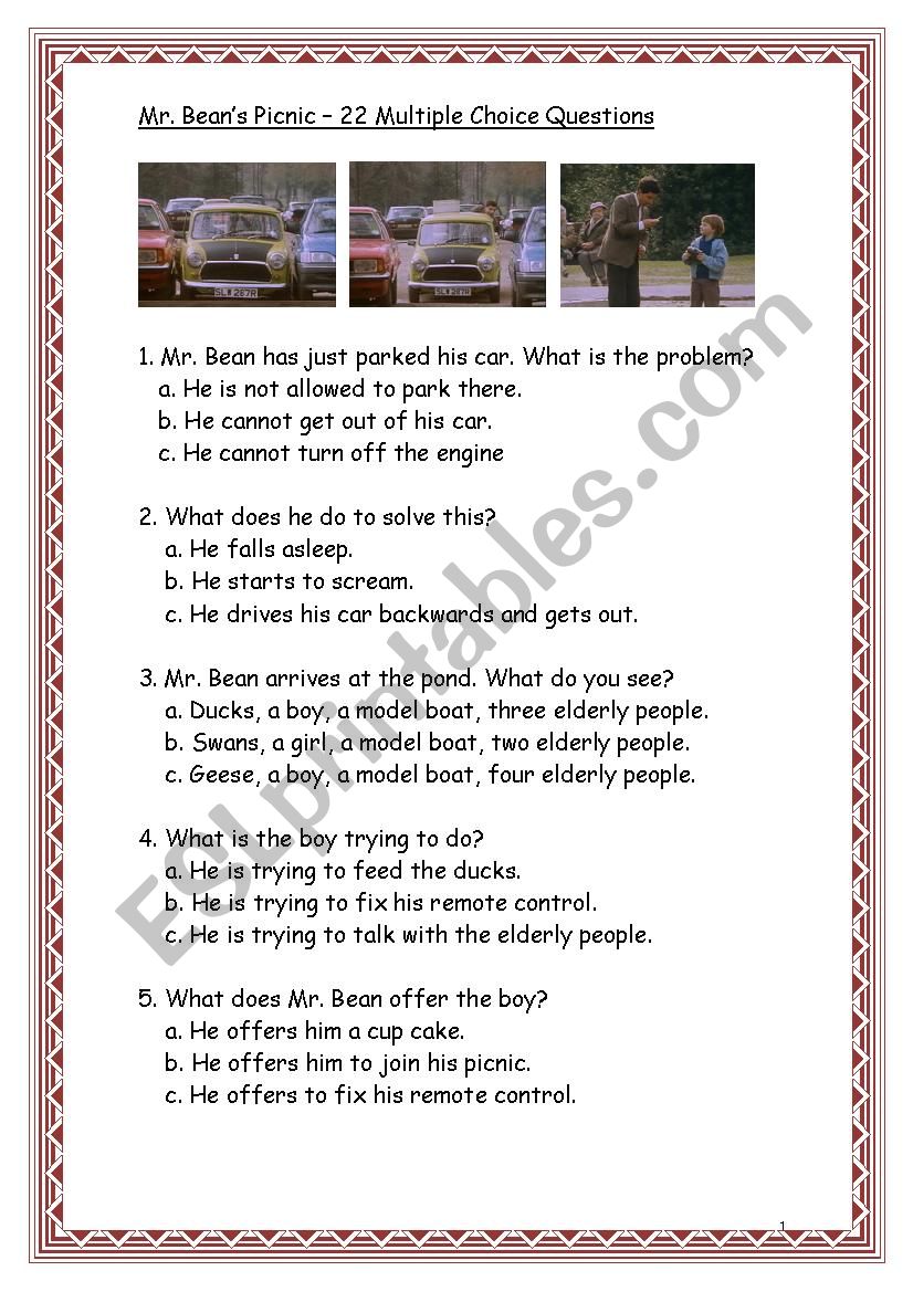 Mr. Bean´s Picnic - 22 Multiple Choice Questions - ESL worksheet by ...