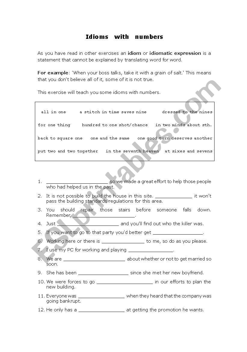 Idioms with numbers worksheet