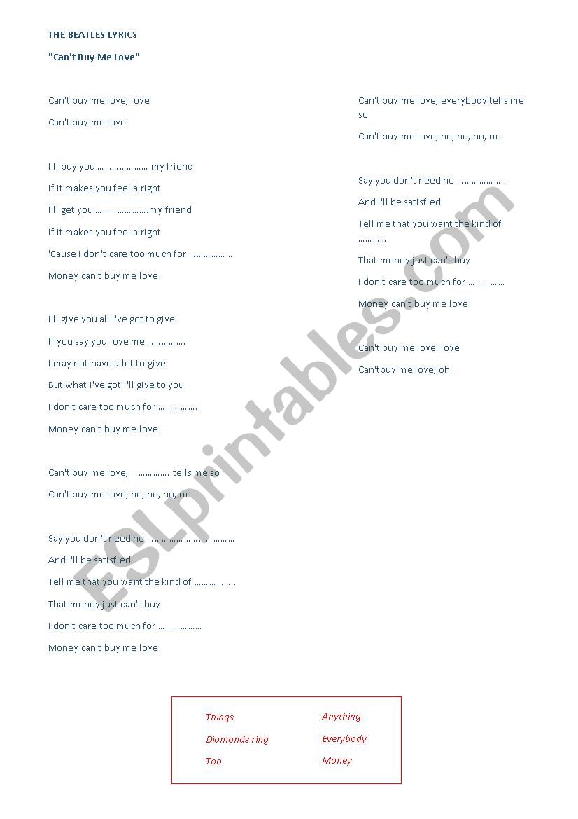 The Beatles Ca T Buy Me Love Lyrics Esl Worksheet By Pryss