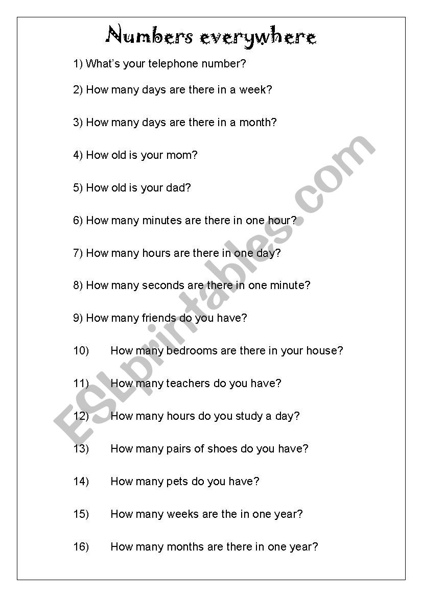 Questions For A Number Revision ESL Worksheet By Teacherpoliana