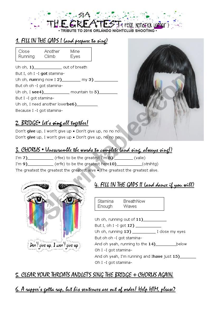 Sia - The Greatest worksheet