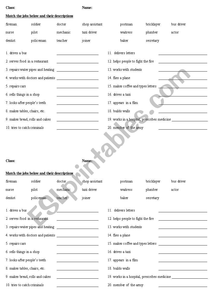 Jobs and their descriptions worksheet