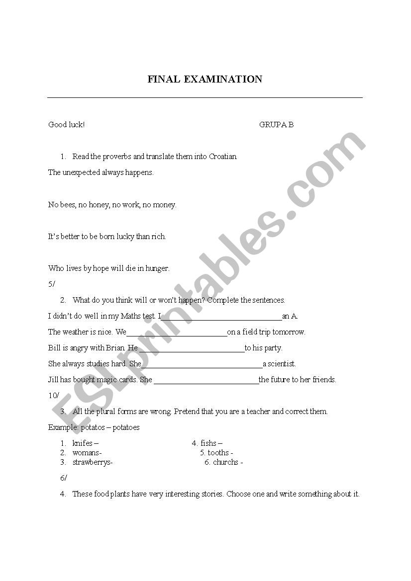 final examination worksheet