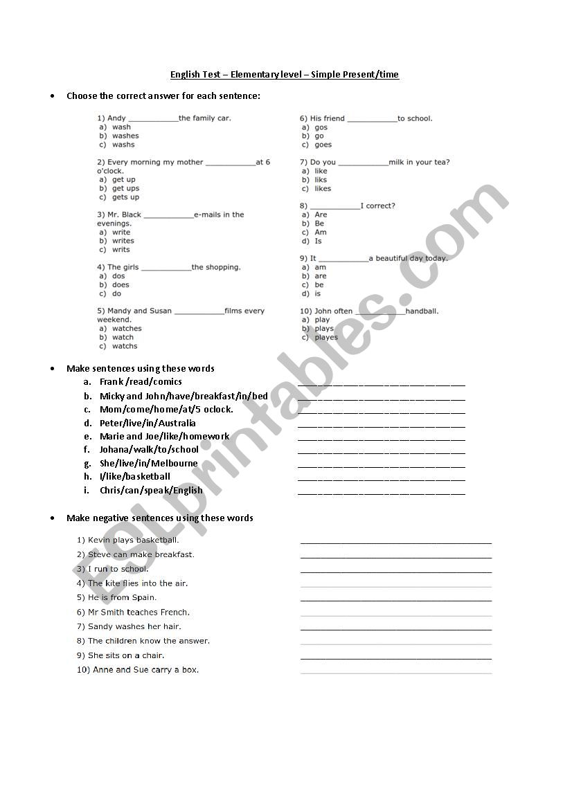 English Test - Elementary level