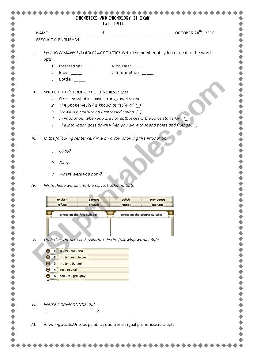 Phonetics exam Nº 2 - ESL worksheet by JhEvelyn