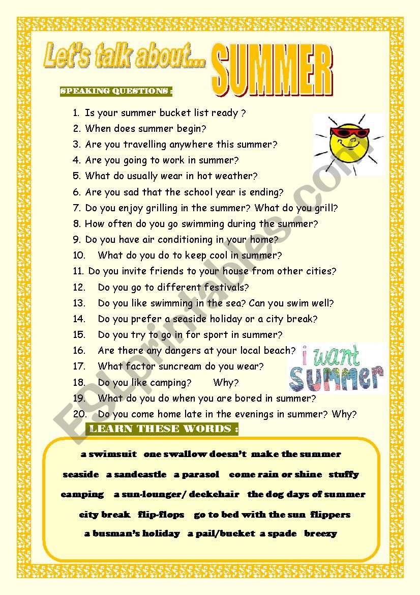 Summer holidays questions. Let`s talk about Summer. Summer questions for Kids. Summer speaking Cards for Kids. Speaking about Summer.