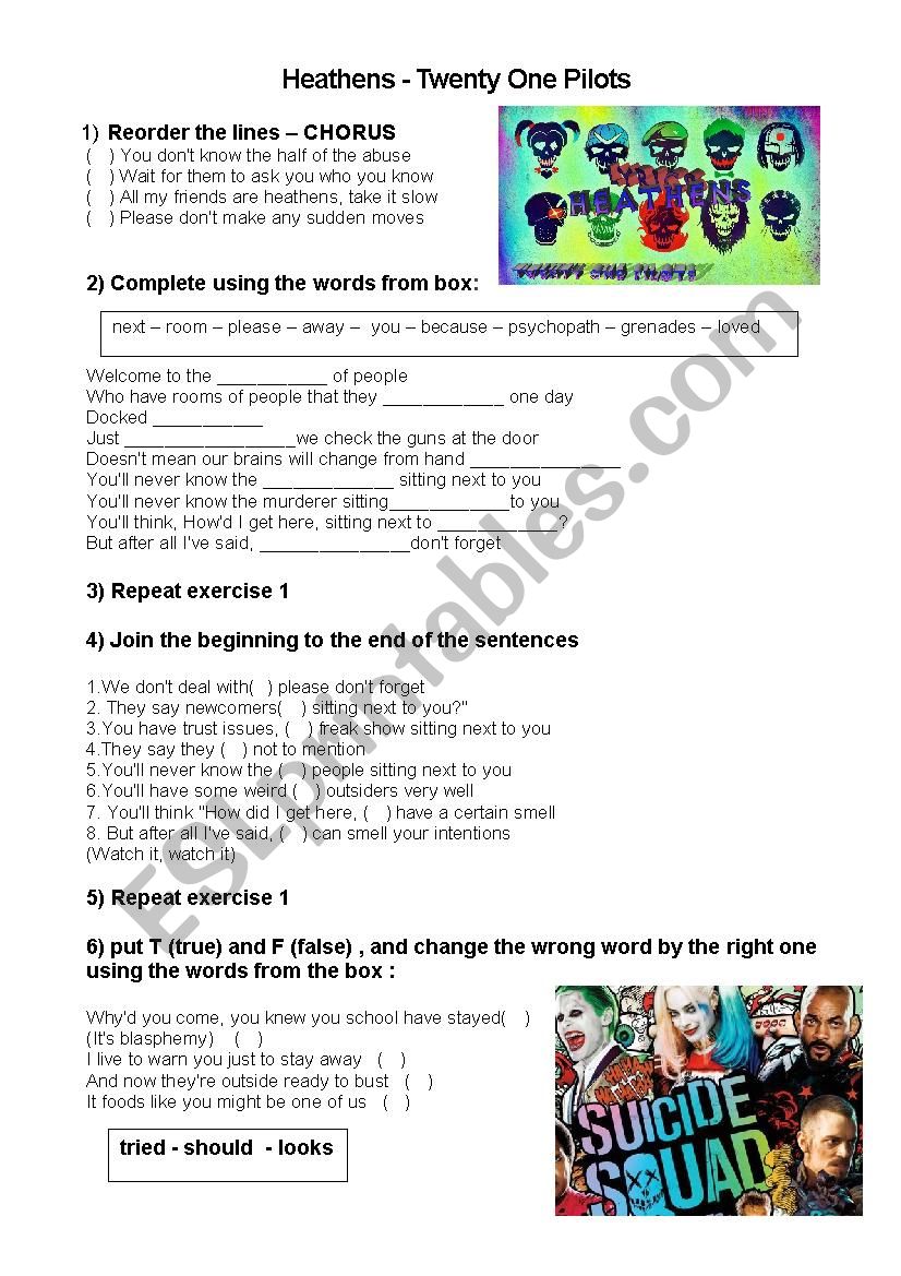 HEATHENS - SUICIDE SQUAD worksheet