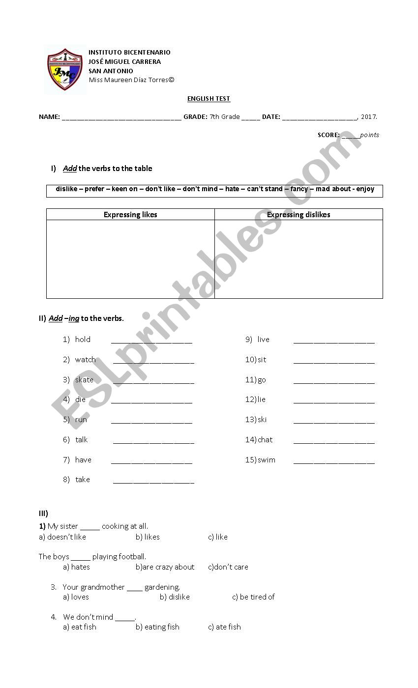 likes and dislikes test worksheet