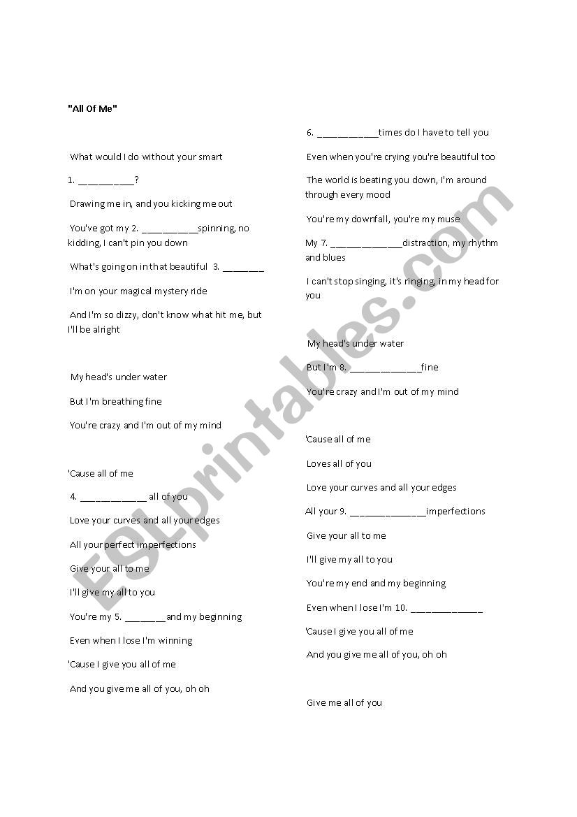 All of Me - John Legend worksheet