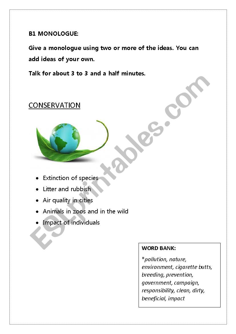 B1 monologue Conservation worksheet