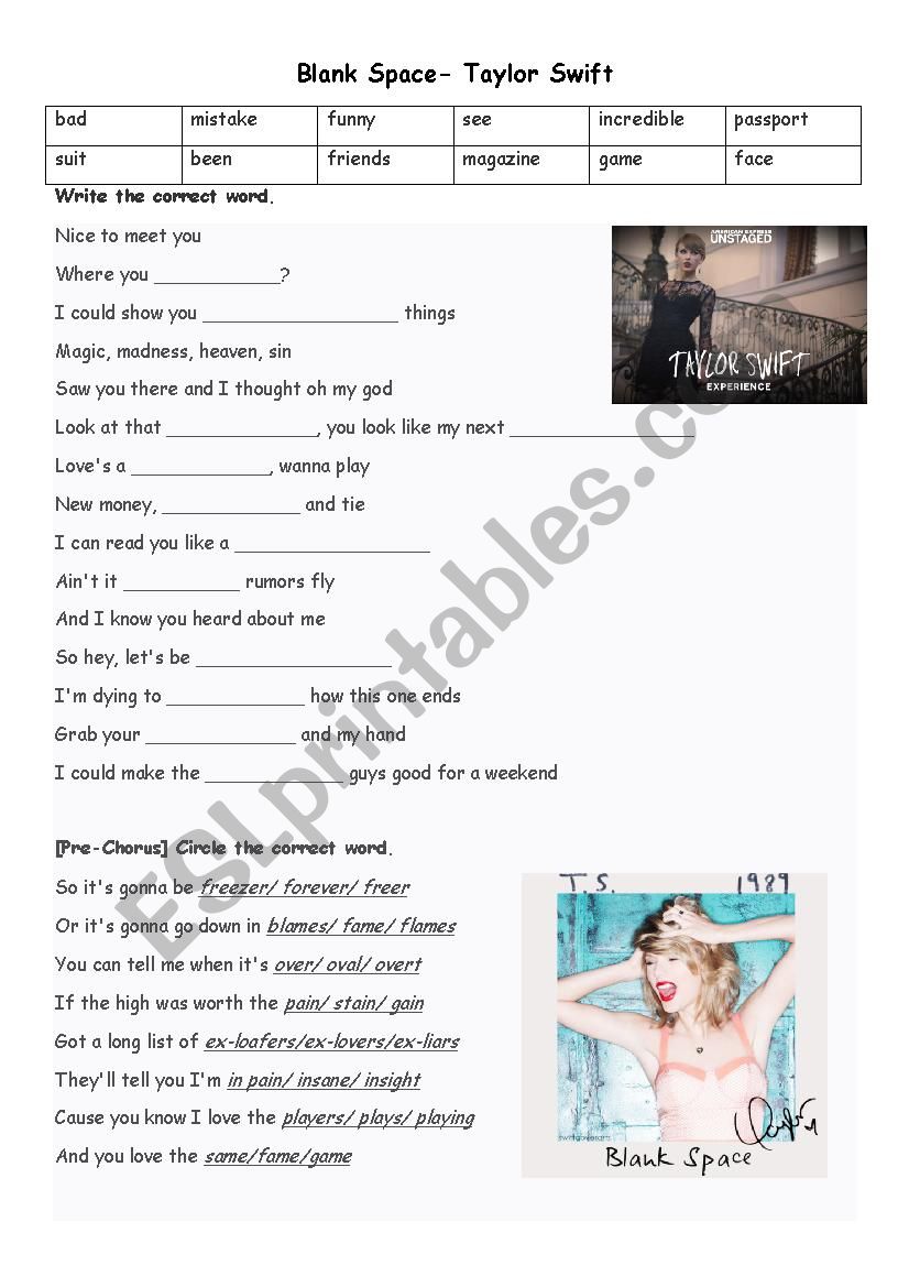 Taylor Swift Blank Space  worksheet