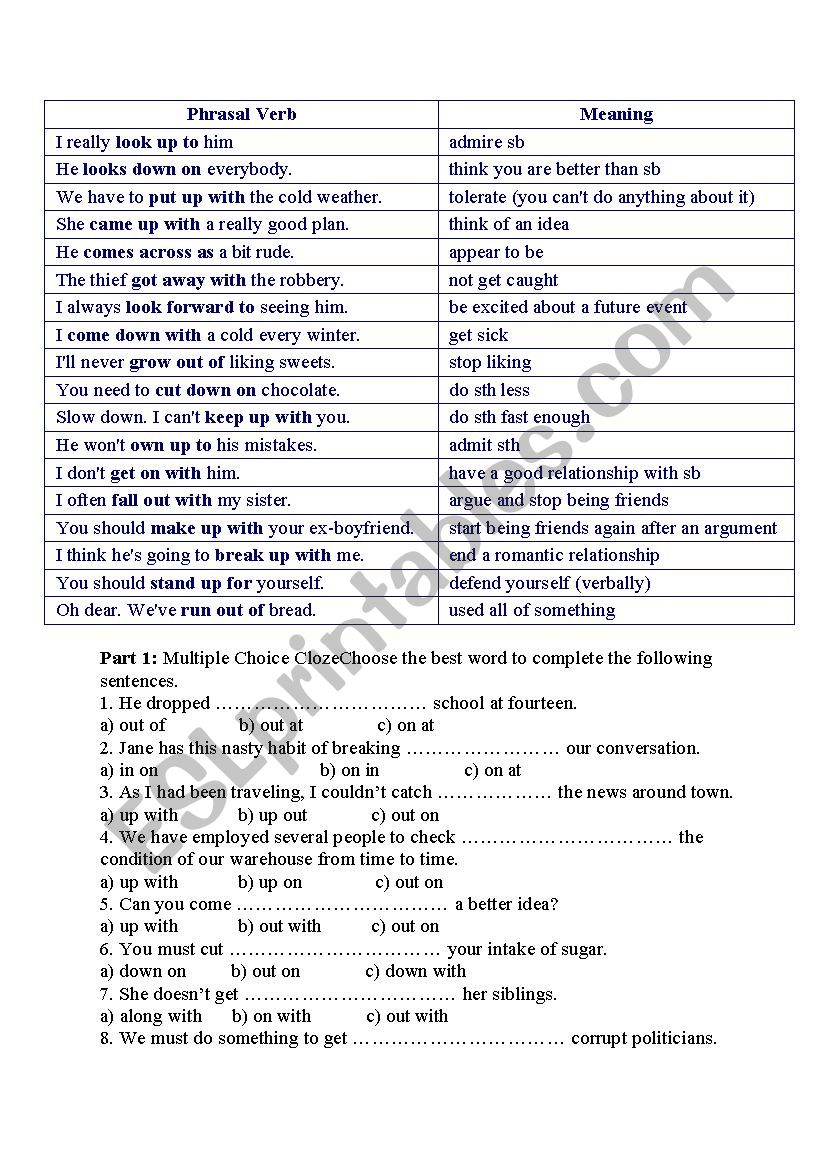  Three Word Phrasal Verbs ESL Worksheet By Hungechip