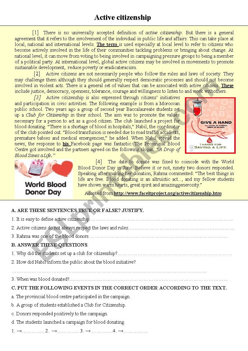 Active Citizenship and blood donation - ESL worksheet by layt