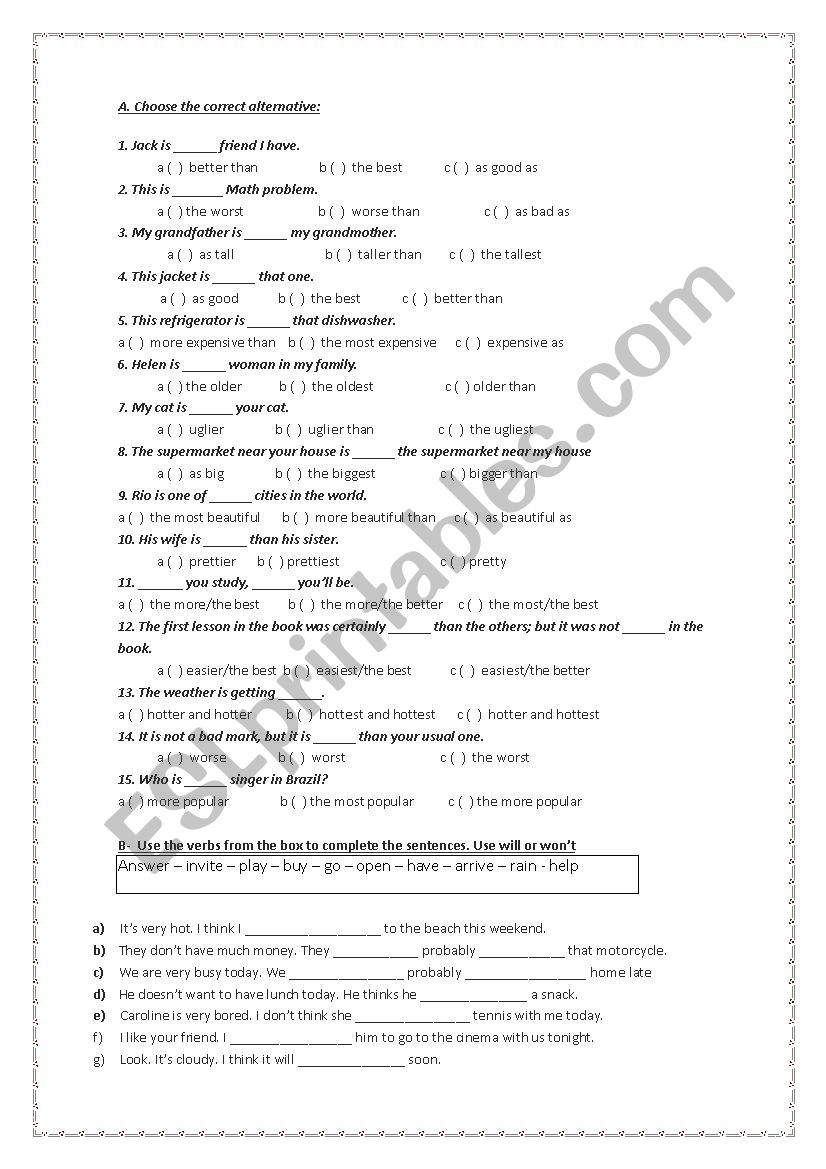 Superlative and Future Will worksheet