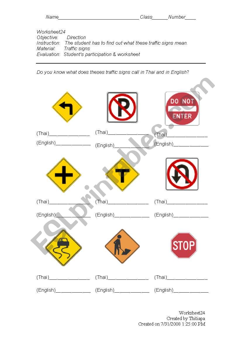 filling the trafic signs worksheet
