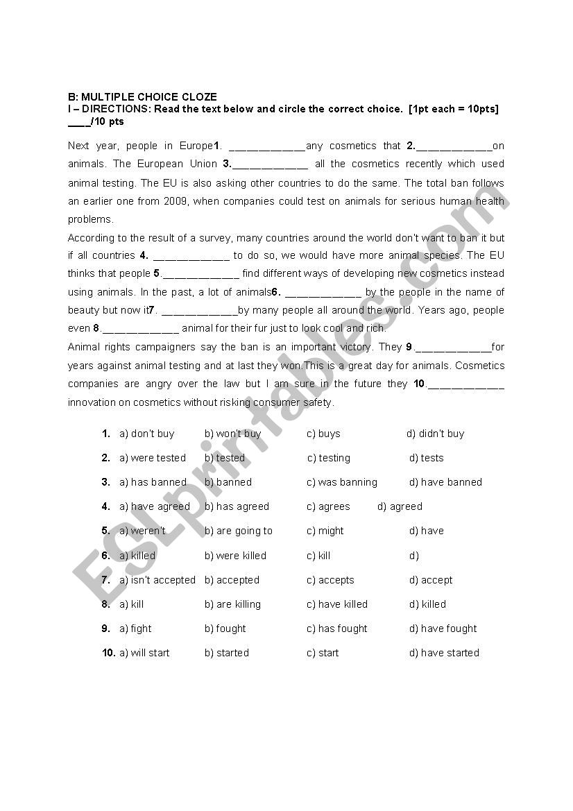 Multiple choice close worksheet