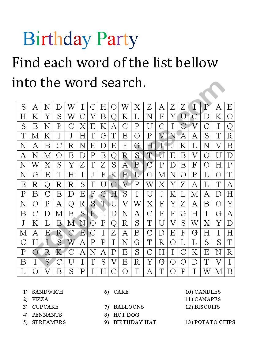 birthday celebration word search 4 letters