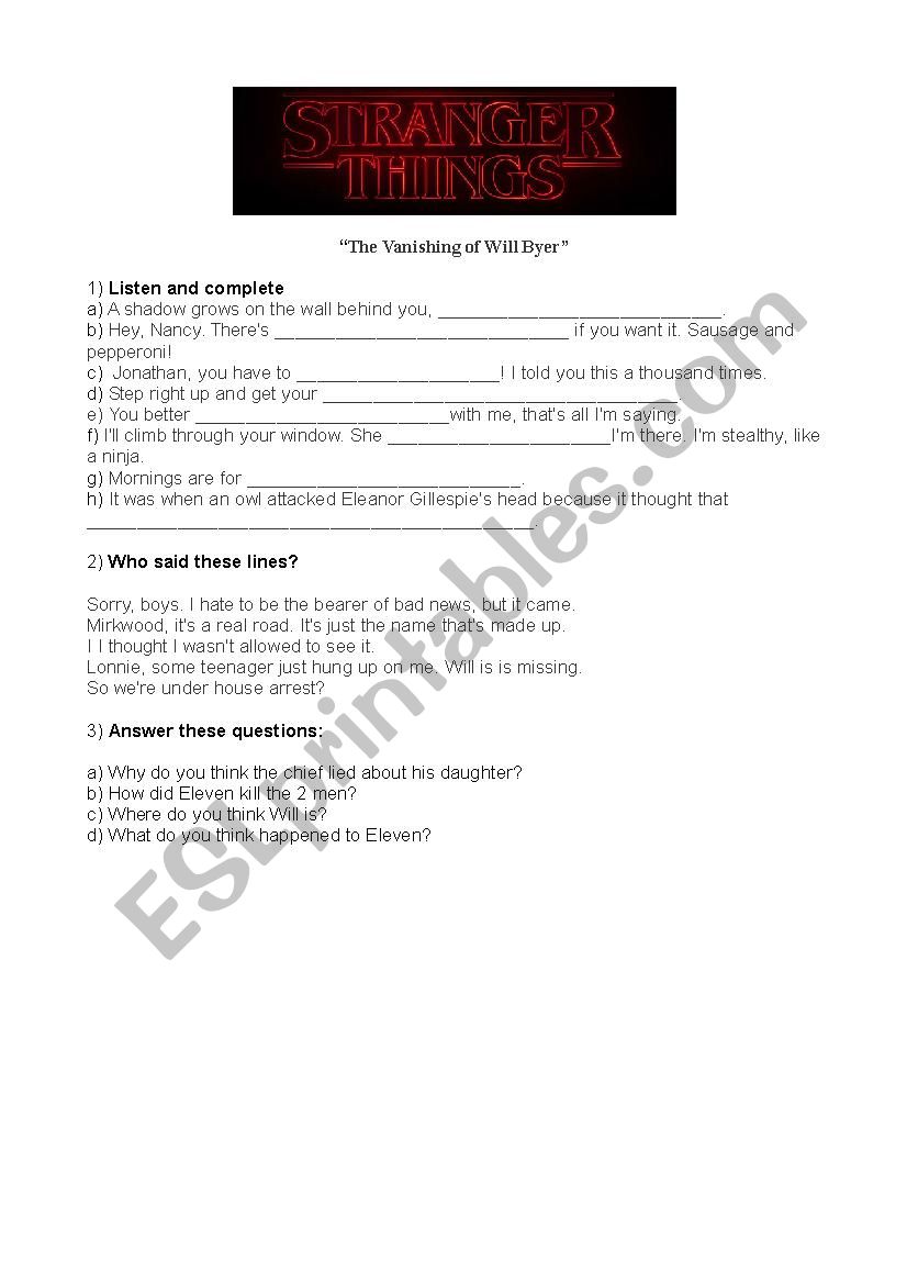 Stranger Things Episode 1 Video Worksheet