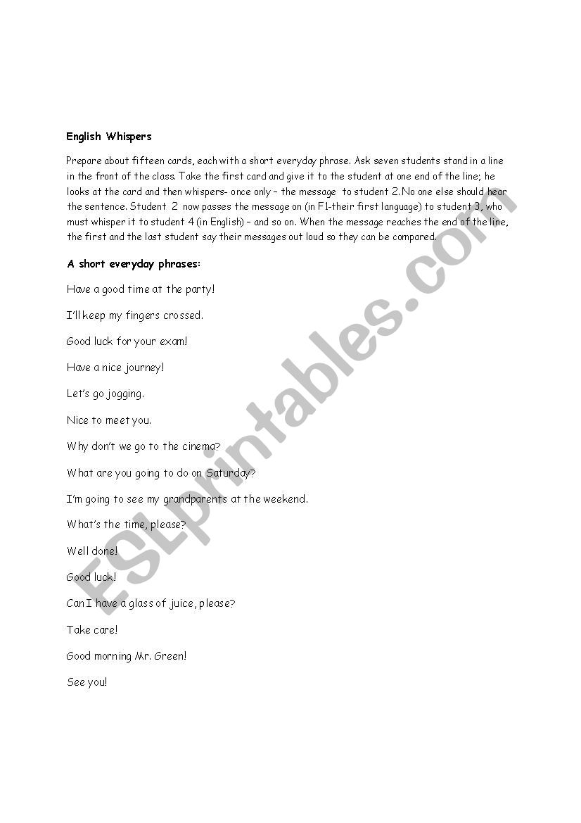 Whispering Game worksheet