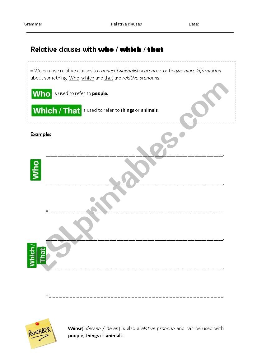 Relative Clause Grammar Sheet worksheet