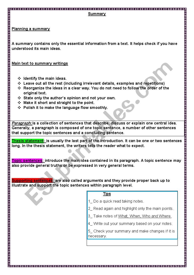 Summary Writing ESL Worksheet By Jose1117