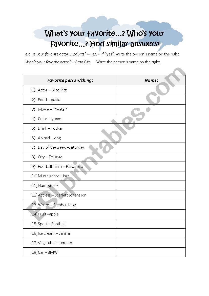 What´s your favorite...? - ESL worksheet by Maffk