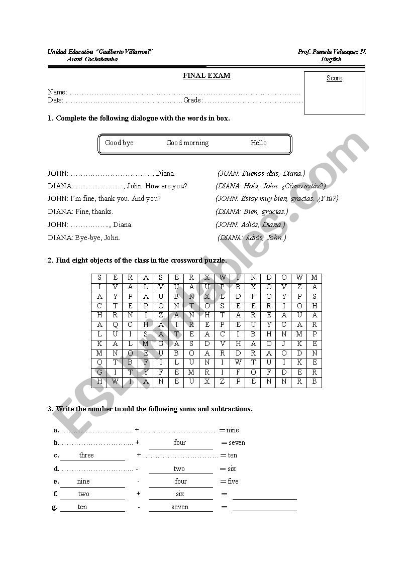 Assessment  worksheet