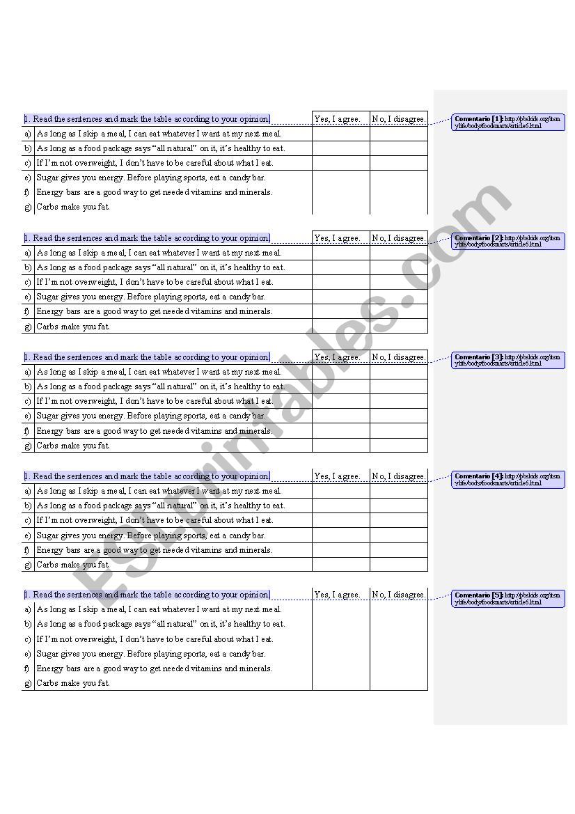 Food Myths worksheet