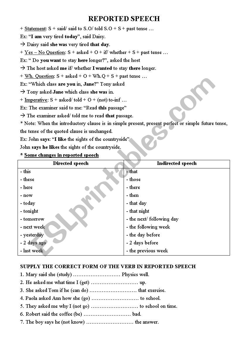 reported speech exercise pdf