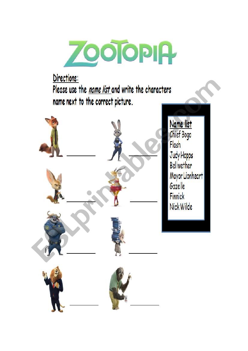 Zootopia character worksheet worksheet