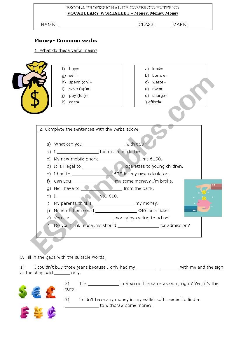 Money Vocabulary Worksheet ESL Worksheet By Debie