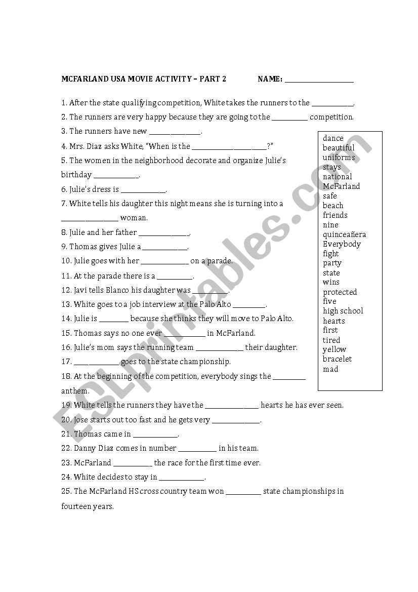 Mcfarland Usa Movie Activity Esl Worksheet By Emenvi