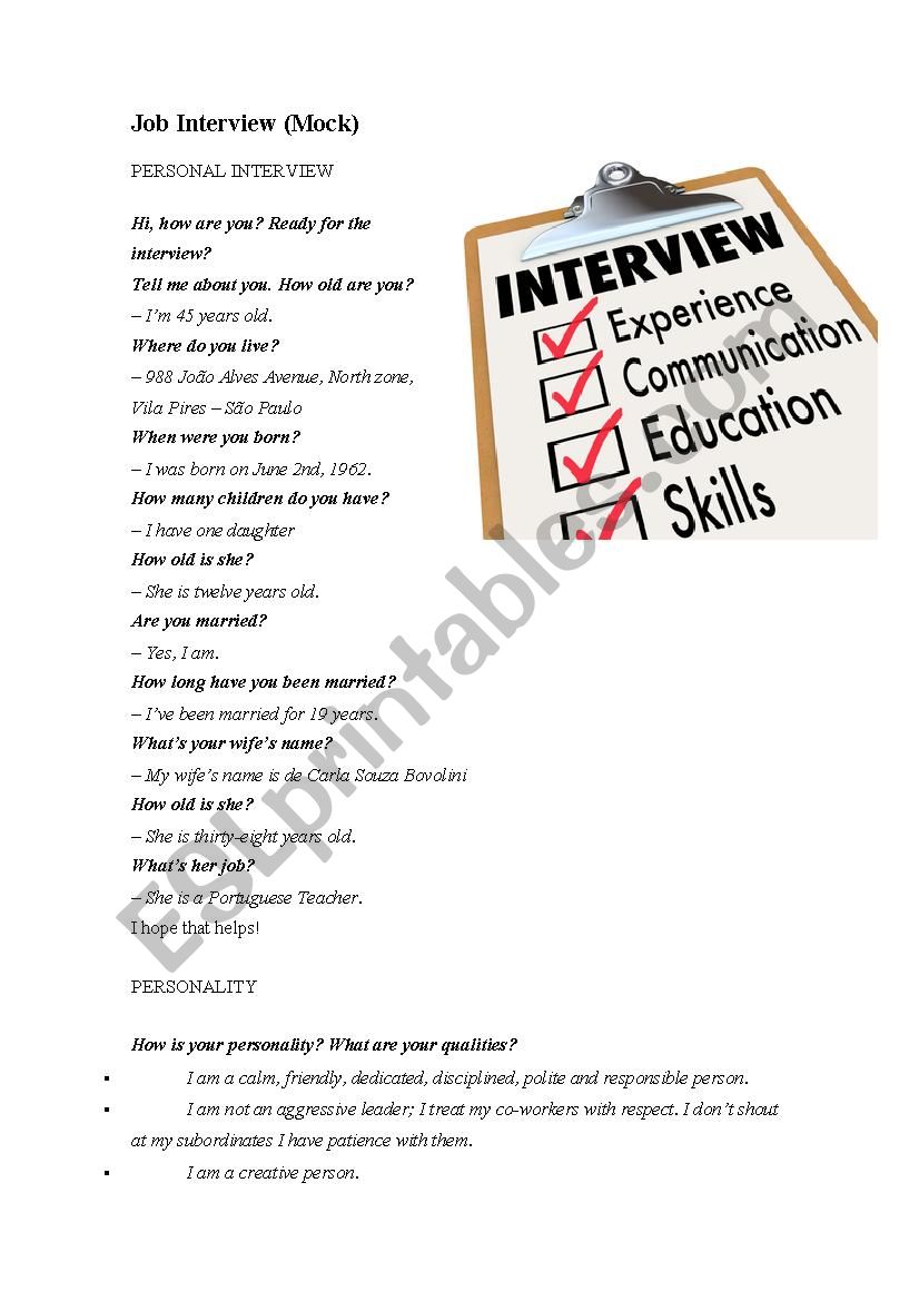 JOB INTERVIEW (MOCK) worksheet
